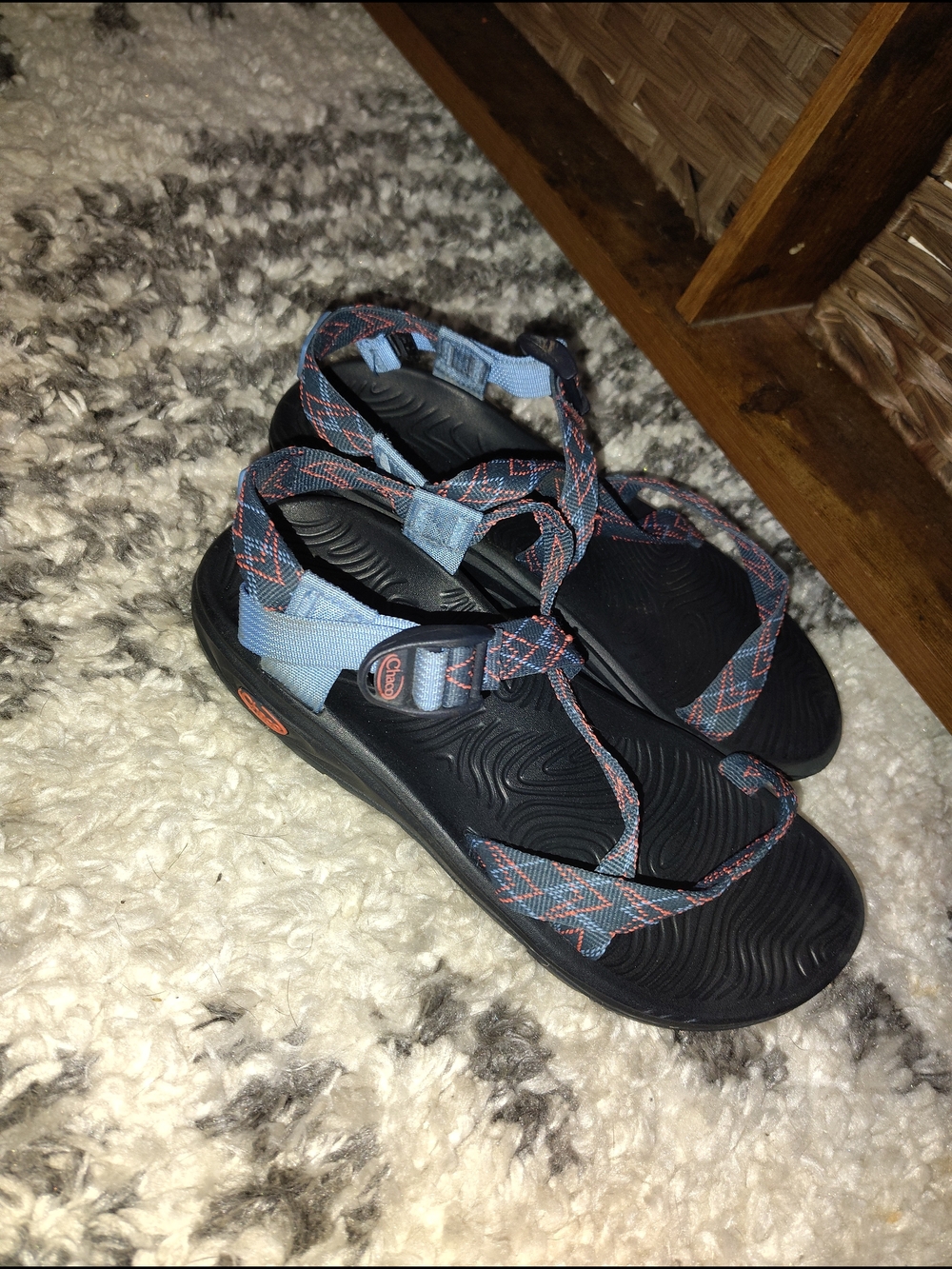 Chaco Women's Black Sandals with Blue and Orange Patterned Straps